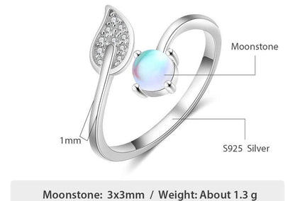 Moonstone Ball & Leaf 925 Sterling Silver Adjustable Ring