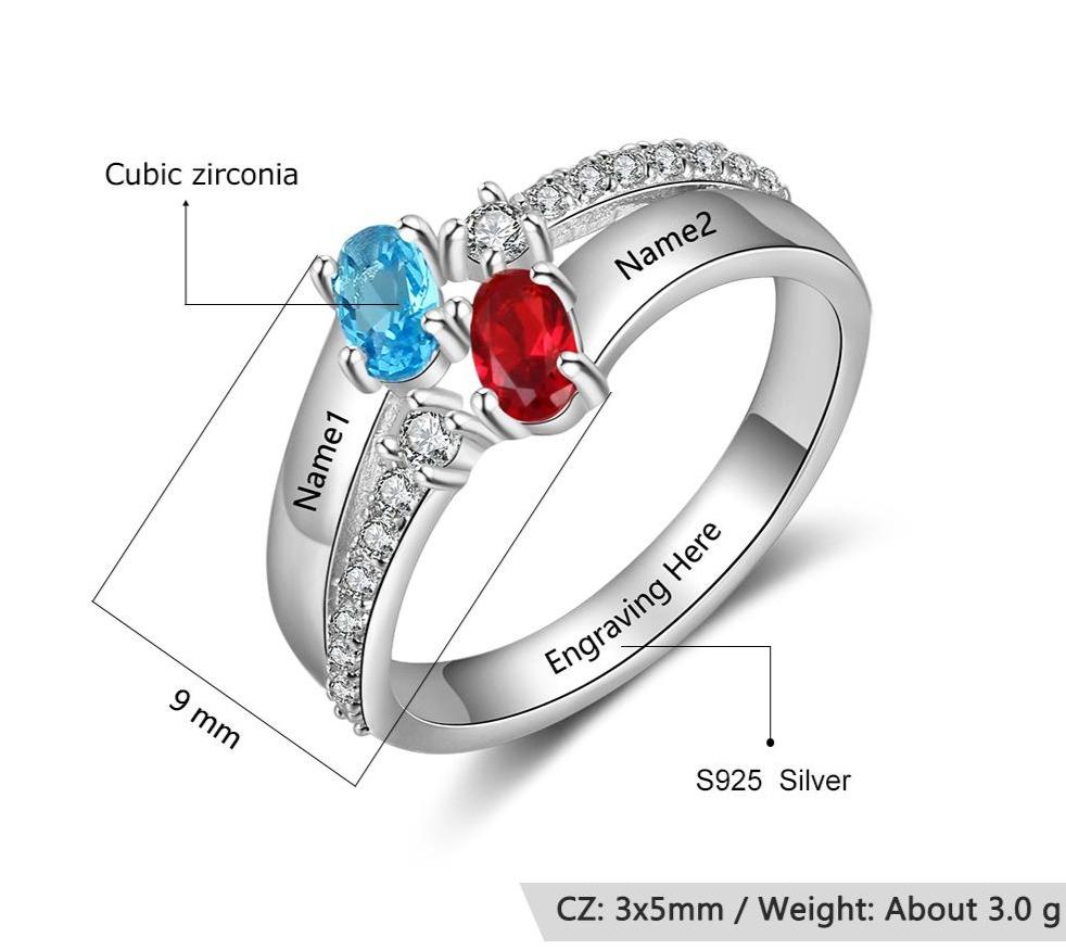 Oval Stones 925 Sterling Silver Womens Ring - 2 Birthstones & 1 Engraving