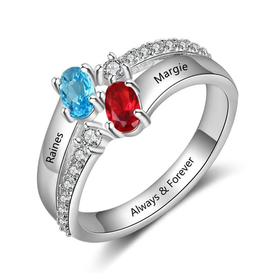 Oval Stones 925 Sterling Silver Womens Ring - 2 Birthstones & 1 Engraving