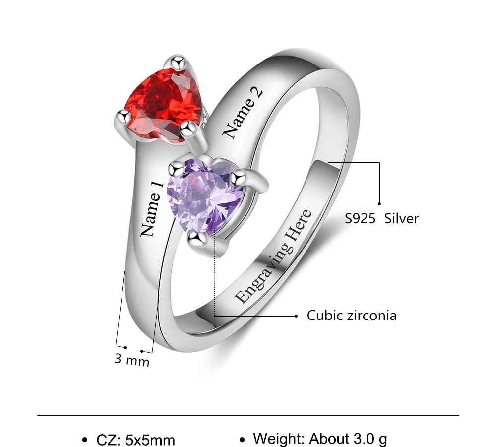 Pair Of Hearts 925 Sterling Silver Womens Ring - 2 Birthstones & 3 Engravings