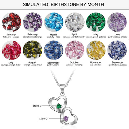 Paired Hearts 925 Sterling Silver Women's Necklace - 2 Birthstones + 2 Engravings