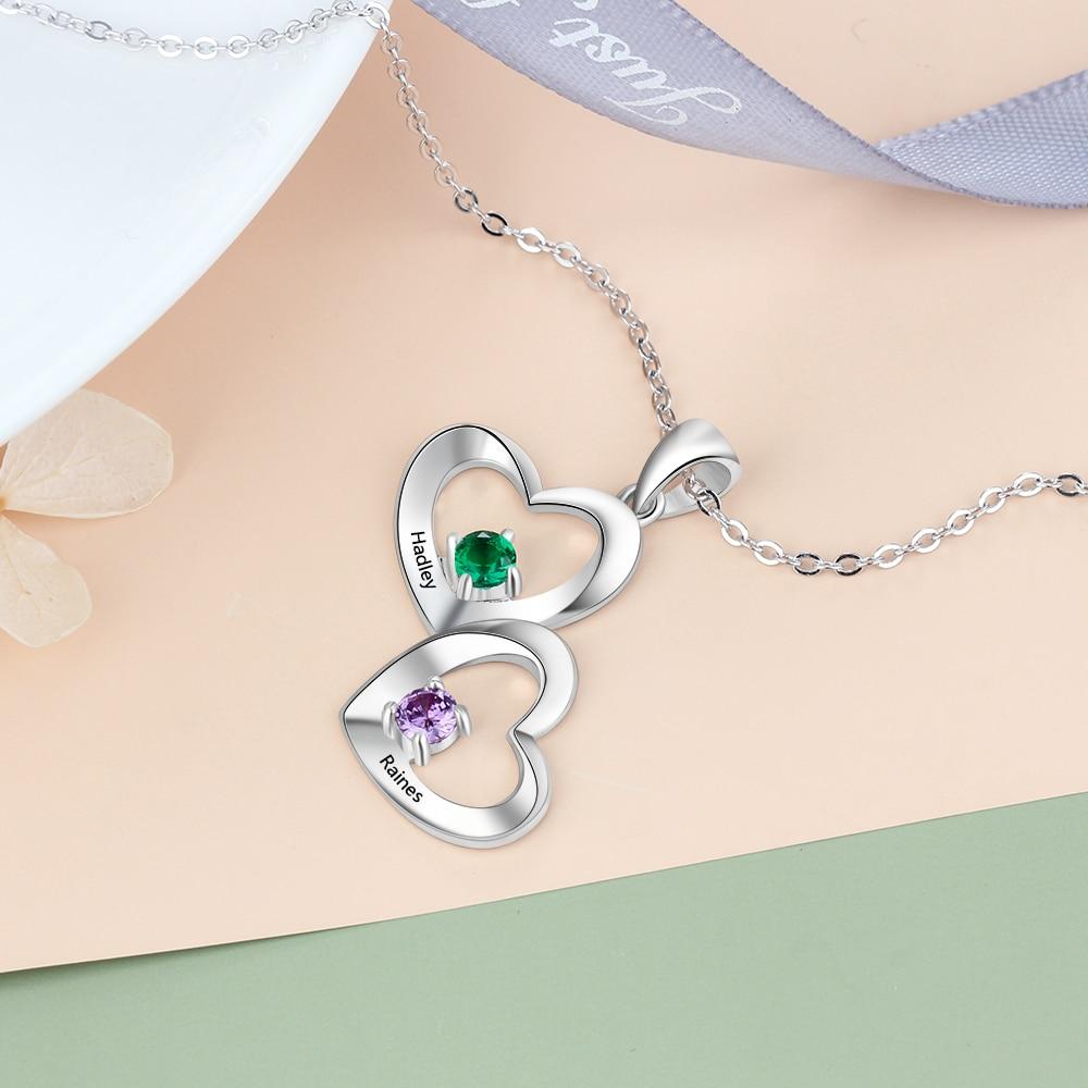 Paired Hearts 925 Sterling Silver Women's Necklace - 2 Birthstones + 2 Engravings