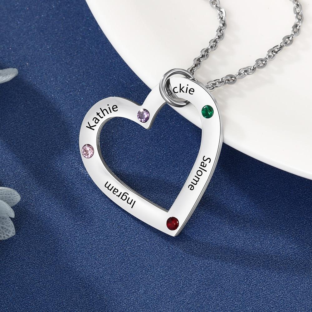 Personalized 4 Names Heart Necklace - 4 Engravings + 4 Birthstones