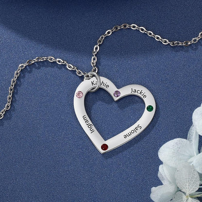 Personalized 4 Names Heart Necklace - 4 Engravings + 4 Birthstones