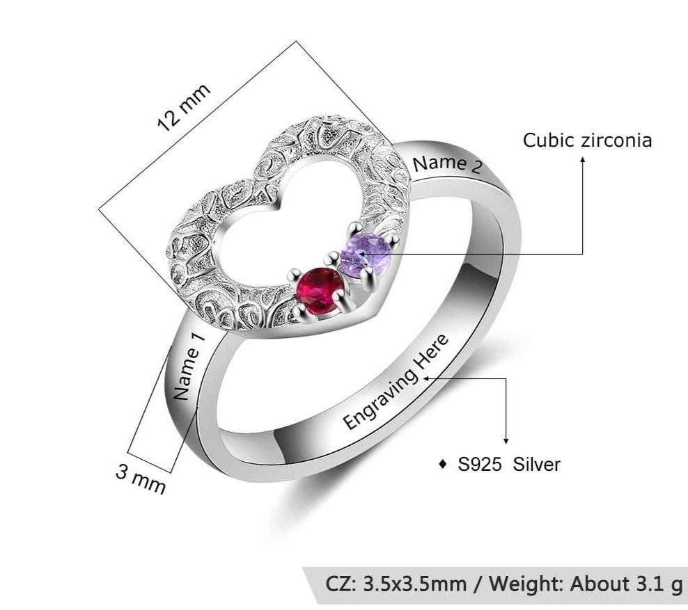 Personalized 925 Sterling Silver Heart Ring - 2 Birthstones & 3 Engravings