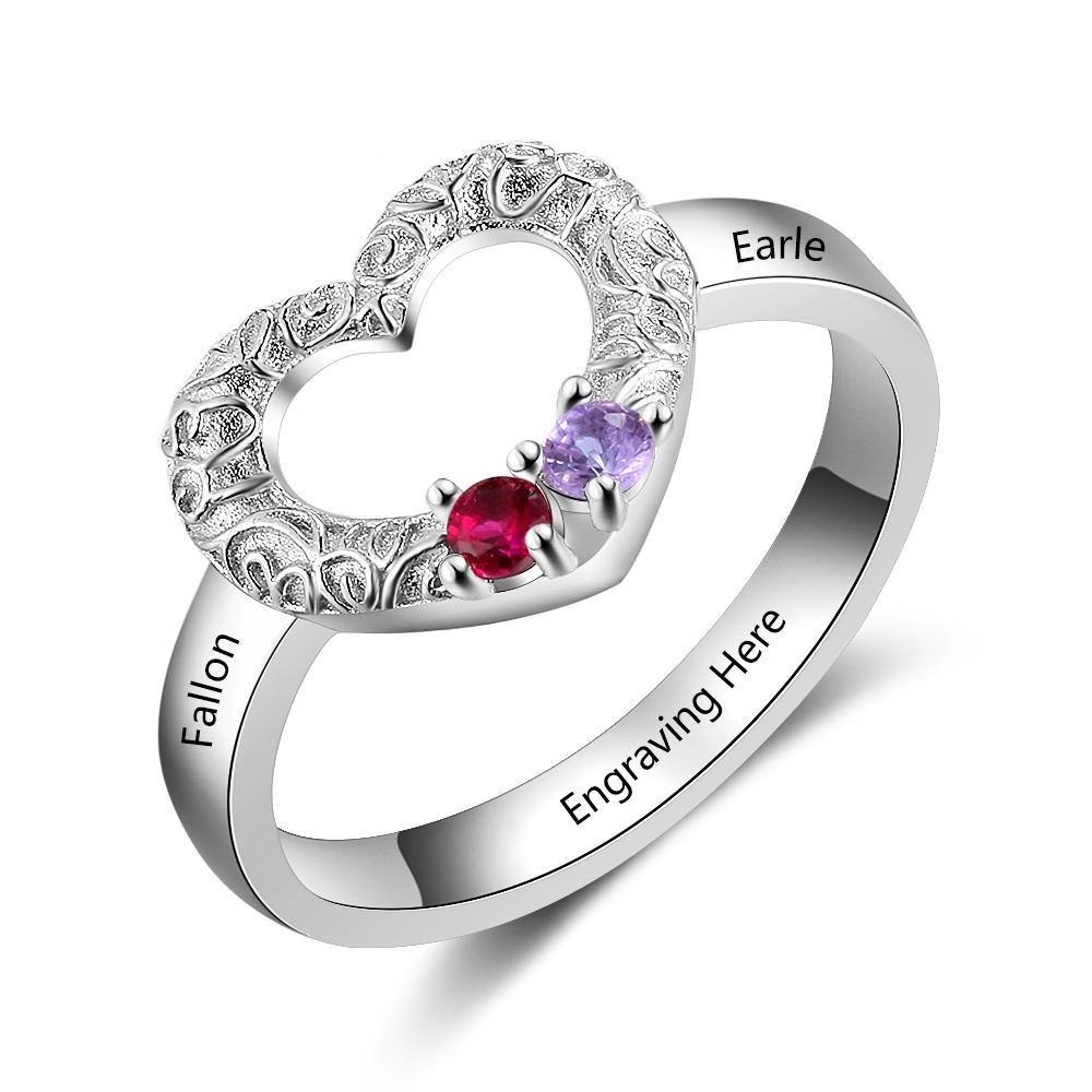 Personalized 925 Sterling Silver Heart Ring - 2 Birthstones & 3 Engravings