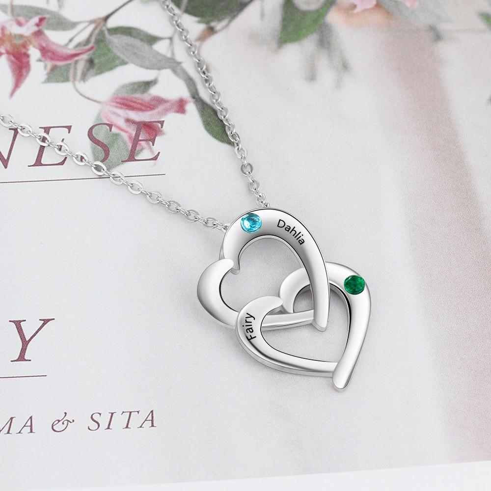 Personalized 925 Sterling Silver Interlocking Hearts Necklace - 2 Engravings + 2 Birthstones