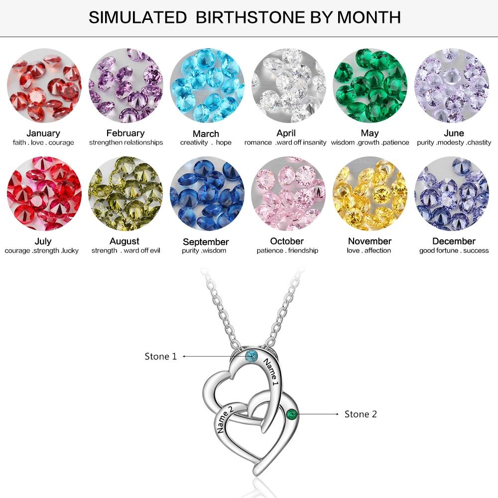 Personalized 925 Sterling Silver Interlocking Hearts Necklace - 2 Engravings + 2 Birthstones