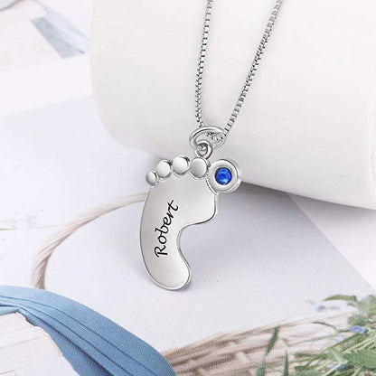 Personalized Baby Foot 925 Sterling Silver Necklace - 1 Engraving & 1 Birthstone