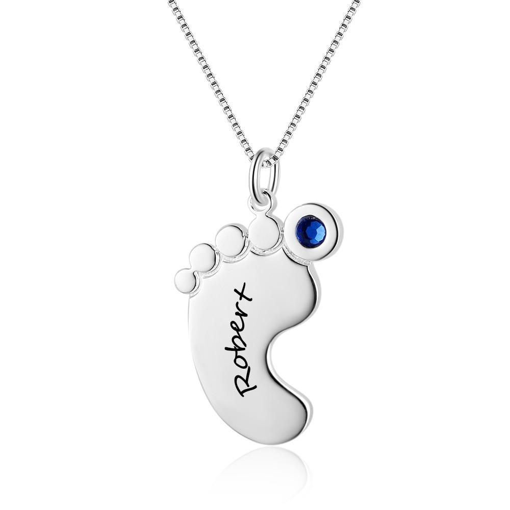 Personalized Baby Foot 925 Sterling Silver Necklace - 1 Engraving & 1 Birthstone