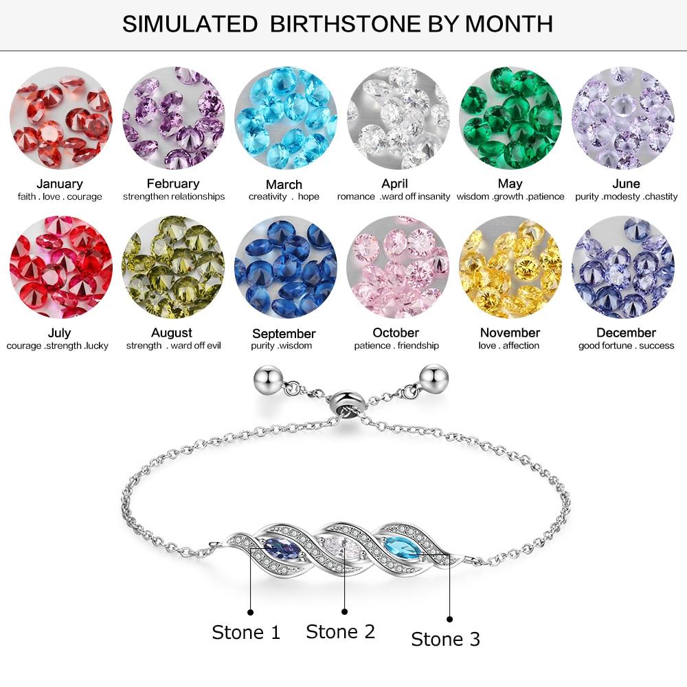 Personalized Birthstones Adjustable Womens Bracelet - 3 Birthstones