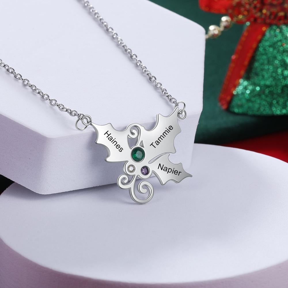 Personalized Christmas Holly Mistletoe Necklace - 2 to 4 Birthstones & Engravings