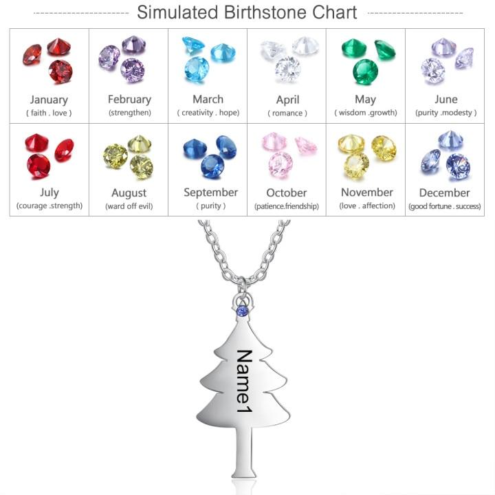 Personalized Christmas Tree Family/Friends Necklace - 1 Birthstone & Engraving