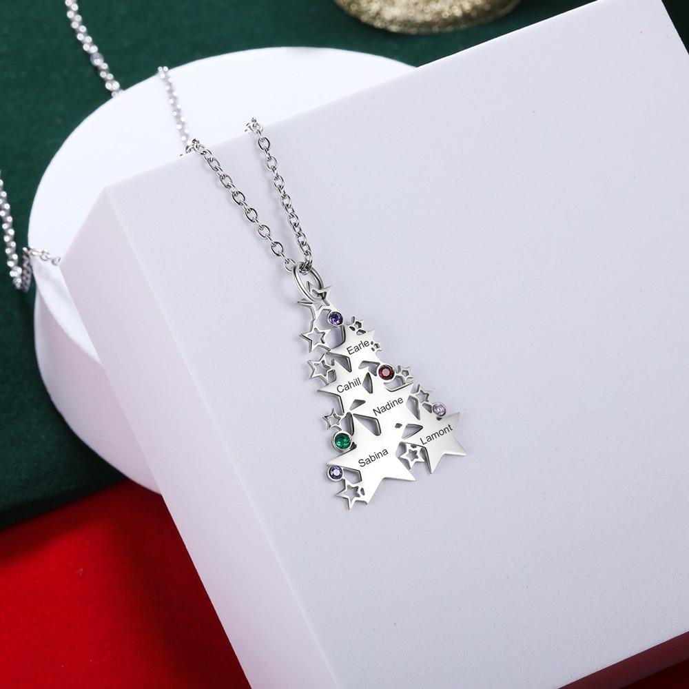 Personalized Christmas Tree Stars Family/Friends Necklace - 1 to 5 Birthstones & Engravings