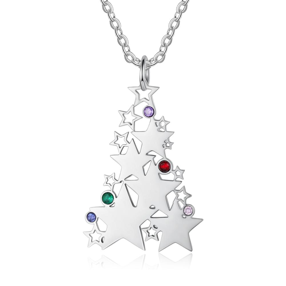 Personalized Christmas Tree Stars Family/Friends Necklace - 1 to 5 Birthstones & Engravings