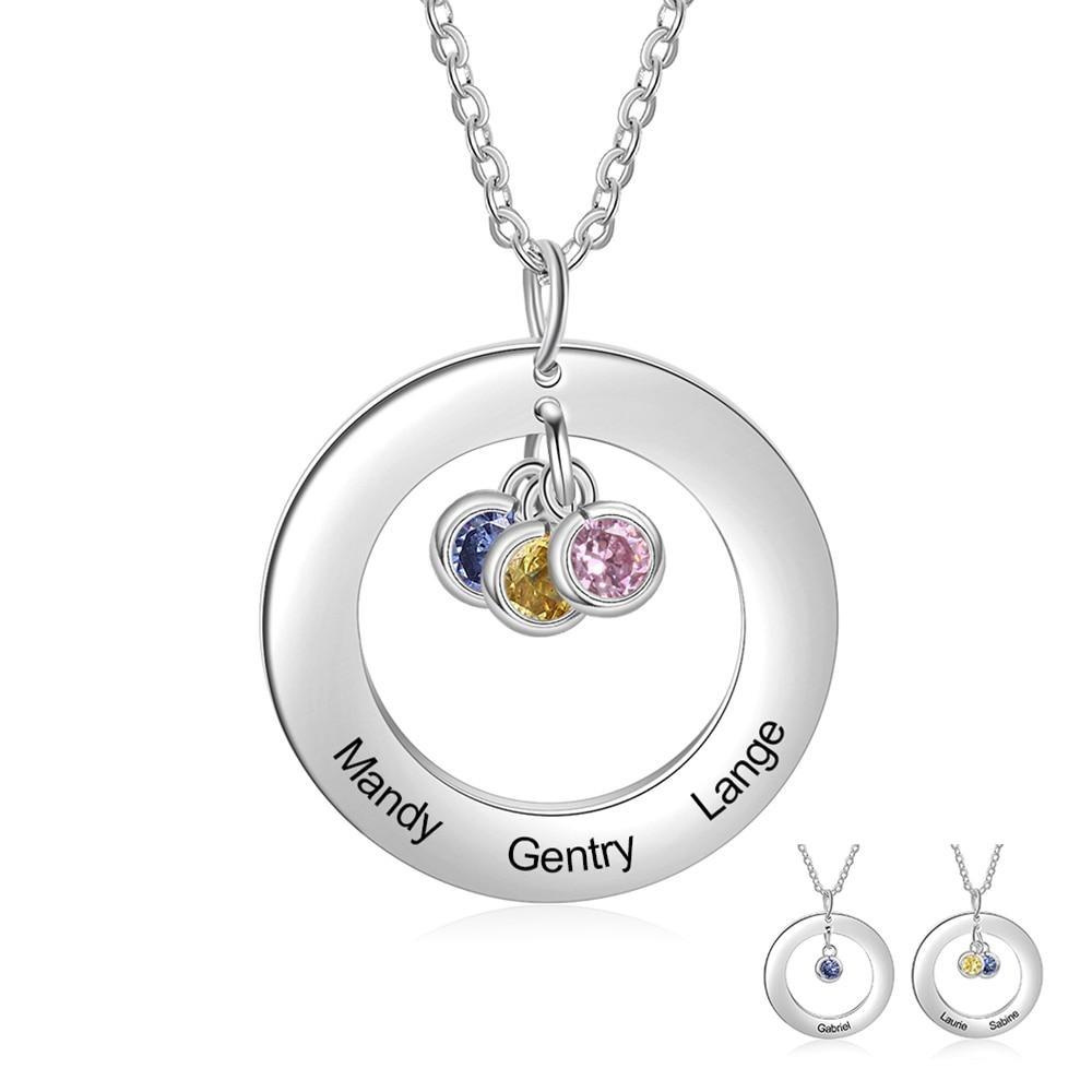 Personalized Dangling Birthstones Circle Necklace - 1-3 Birthstones & Engravings