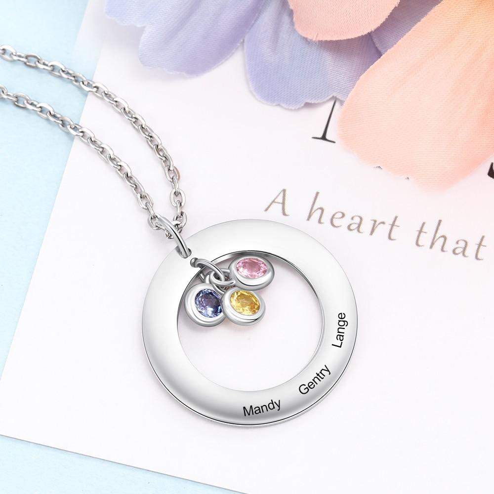 Personalized Dangling Birthstones Circle Necklace - 1-3 Birthstones & Engravings