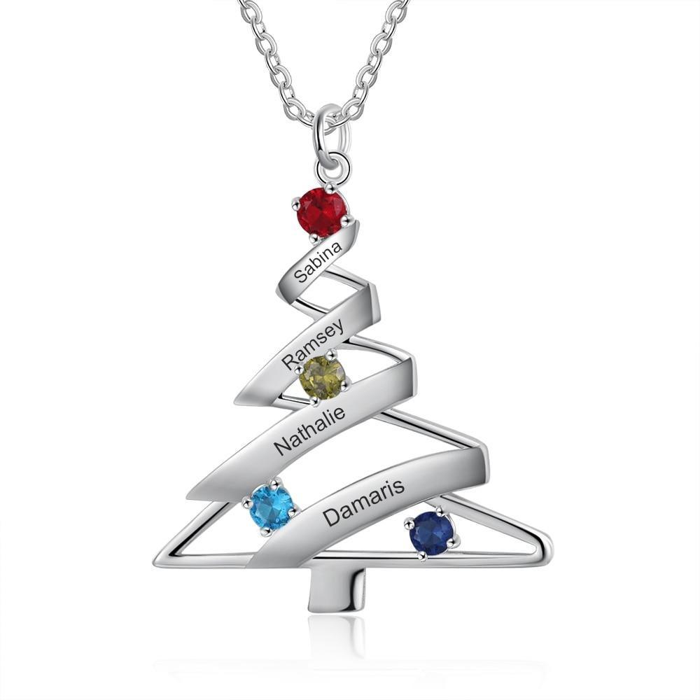 Personalized Christmas Tree Necklace - 1 to 4 Birthstones & Engravings