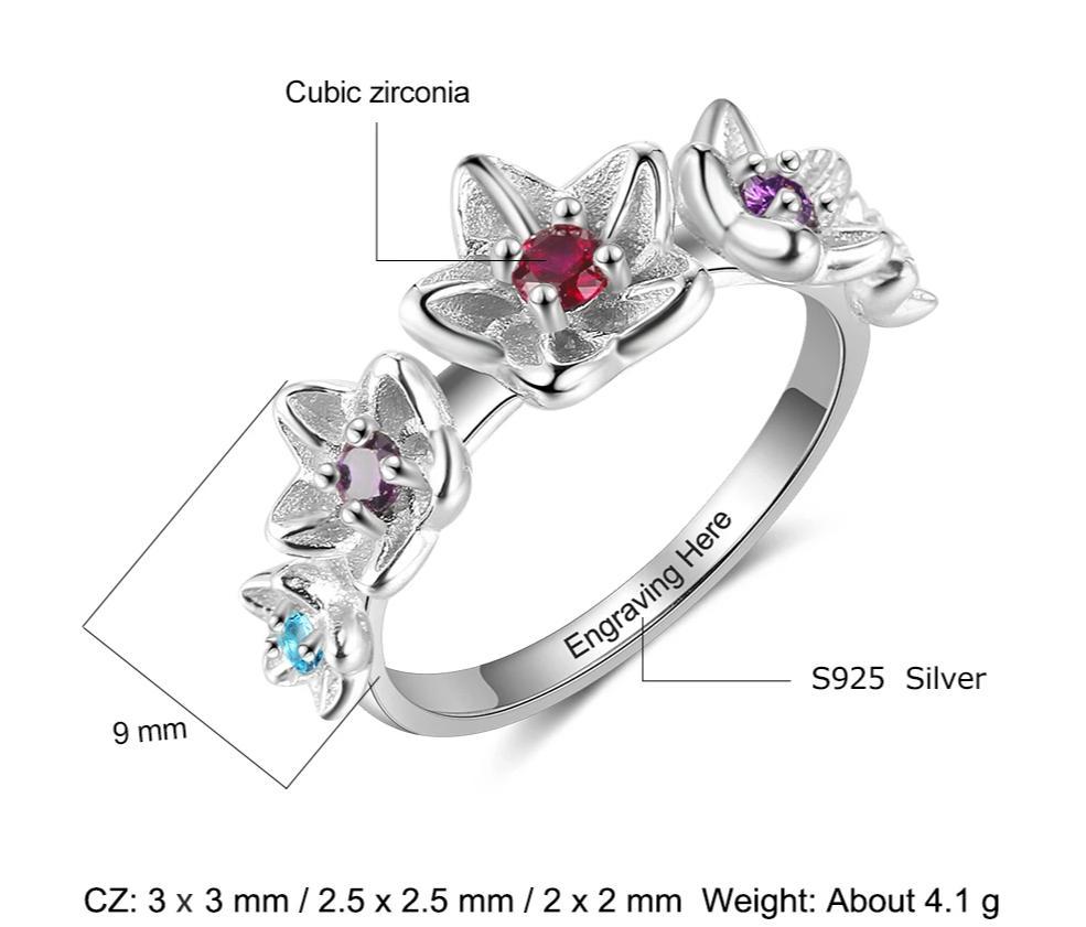 Personalized Flower Birthstones & Engraving 925 Sterling Silver Ring