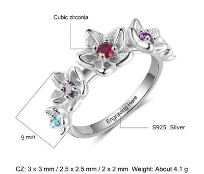 Personalized Flower Birthstones & Engraving 925 Sterling Silver Ring