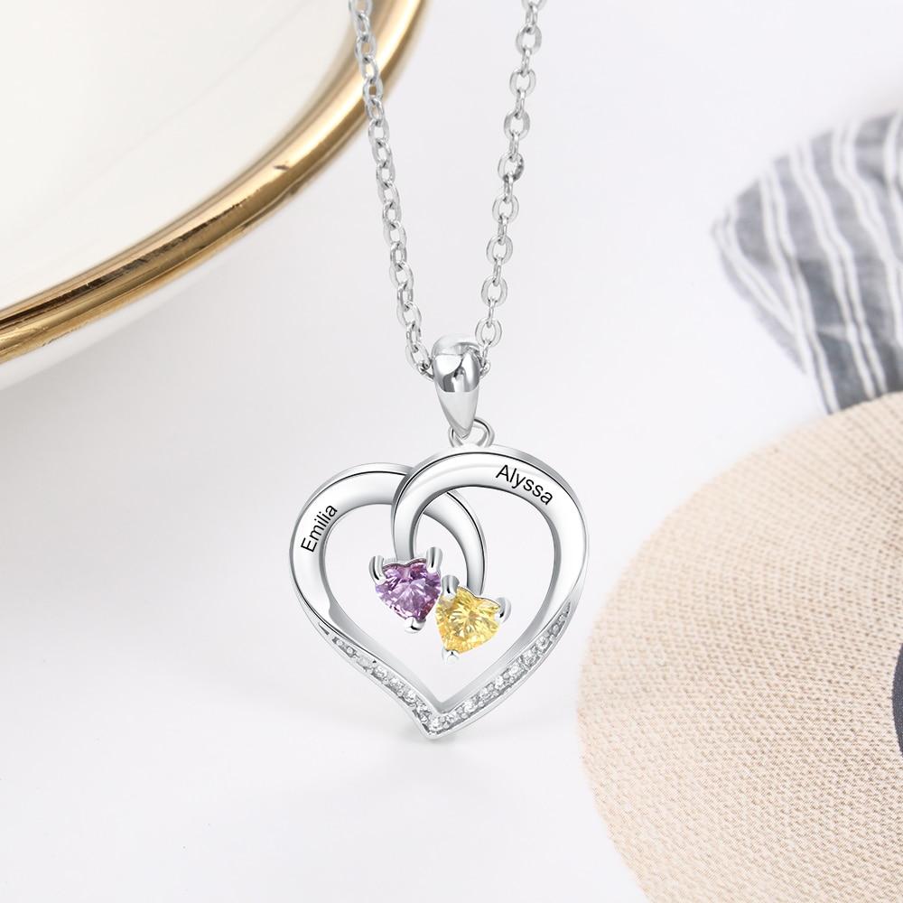 Personalized Heart 925 Sterling Silver Necklace - 2 Birthstones + 2 Engravings