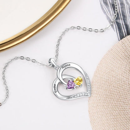 Personalized Heart 925 Sterling Silver Necklace - 2 Birthstones + 2 Engravings