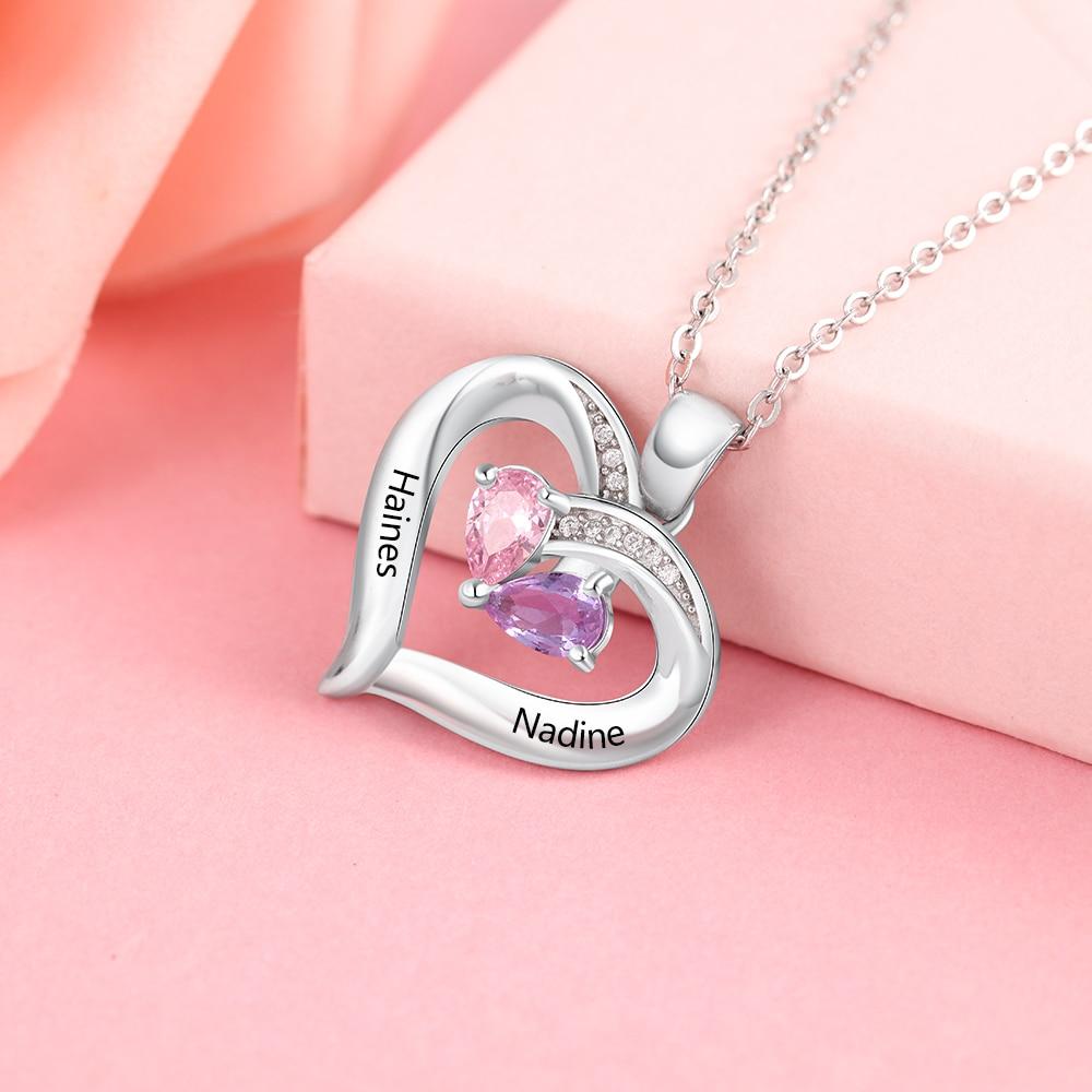Personalized Heart 925 Sterling Silver Necklace - 2 Birthstones + 2Engravings