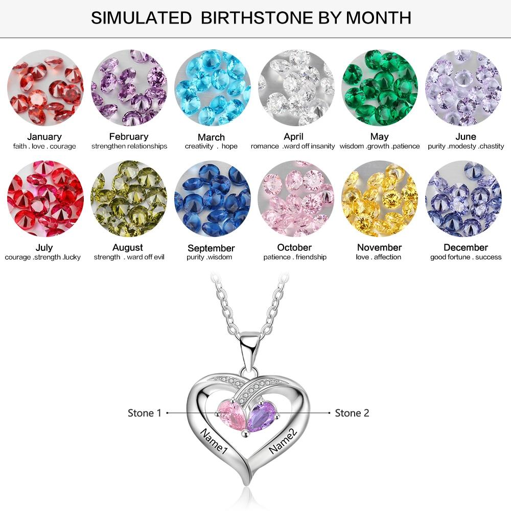 Personalized Heart 925 Sterling Silver Necklace - 2 Birthstones + 2Engravings