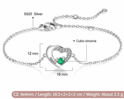 Personalized Heart 925 Sterling Silver Women's Bracelet - 1 Birthstones + 1 Engraving