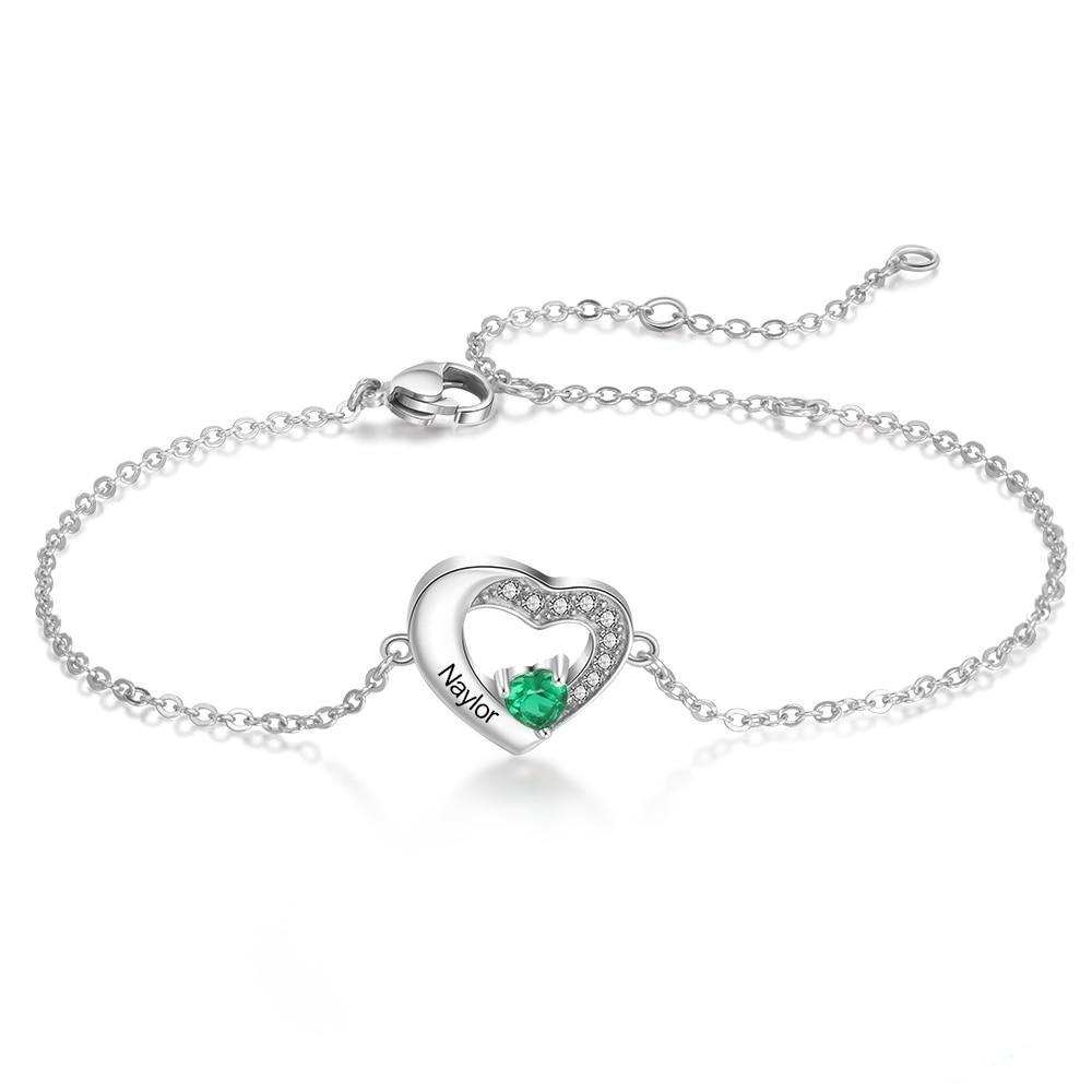 Personalized Heart 925 Sterling Silver Women's Bracelet - 1 Birthstones + 1 Engraving