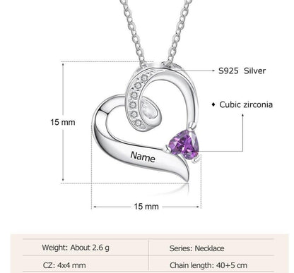 Personalized Heart 925 Sterling Silver Women's Necklace - 1 Heart Birthstone + 1 Engraving