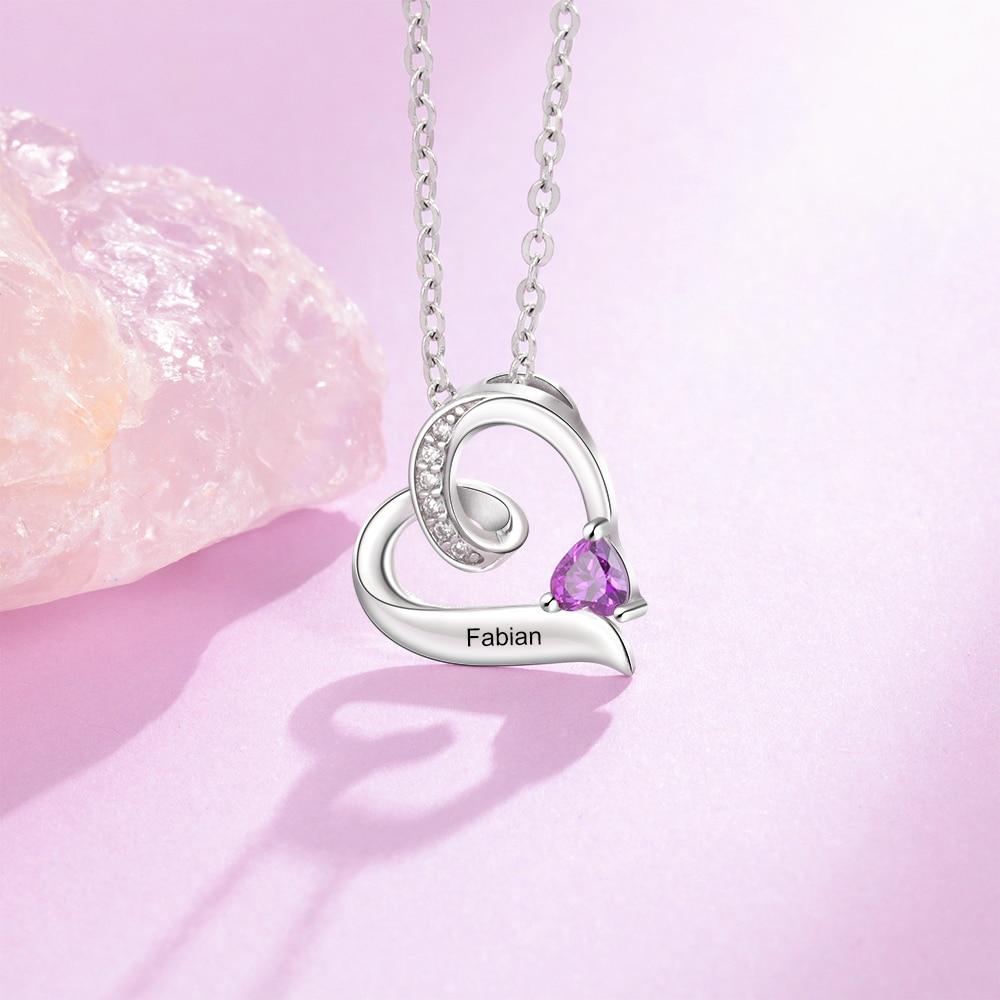 Personalized Heart 925 Sterling Silver Women's Necklace - 1 Heart Birthstone + 1 Engraving