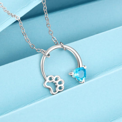 Personalized Heart Birthstone & Pet Paw 925 Sterling Silver Necklace