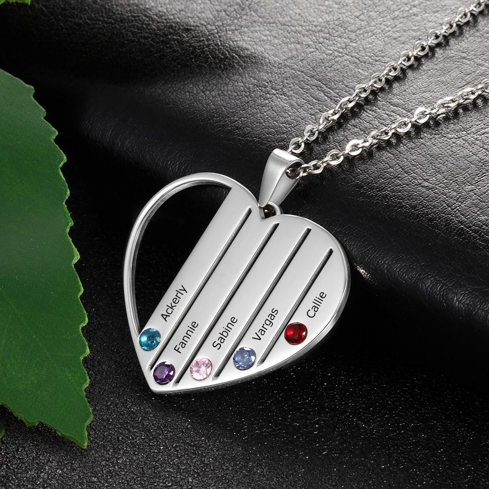 Personalized Heart Family Name Necklace - 5 Birthstones + 5 Engravings