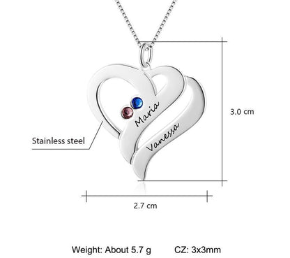 Personalized Heart Stainless Steel Necklace - 2 Names & 2 Birthstones