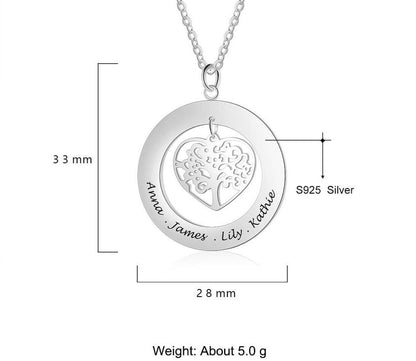 Personalized Heart Tree of Life 925 Sterling Silver Necklace - 1 to 4 Names Engraved