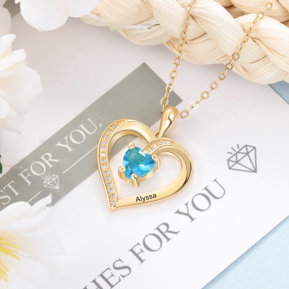 Personalized Heart Women's Necklace - 1 Birthstone + 1 Engravings (2 colors)