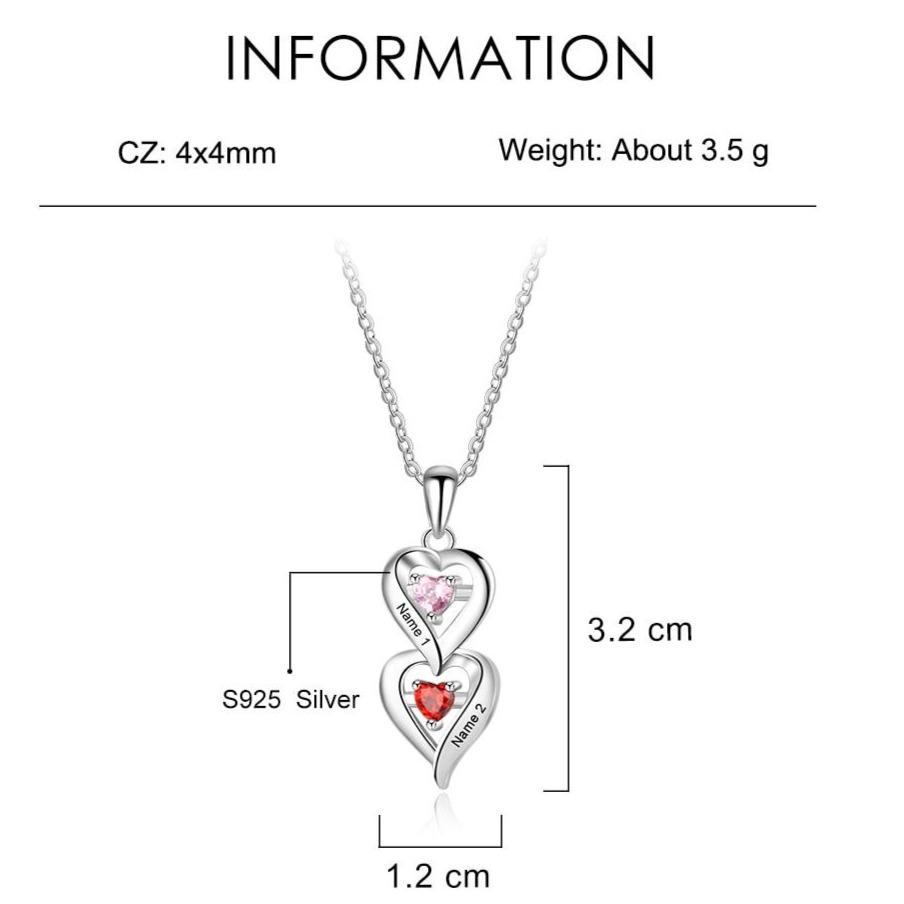 Personalized Hearts 925 Sterling Silver Womens Necklace - 2 Birthstones + 2 Engravings