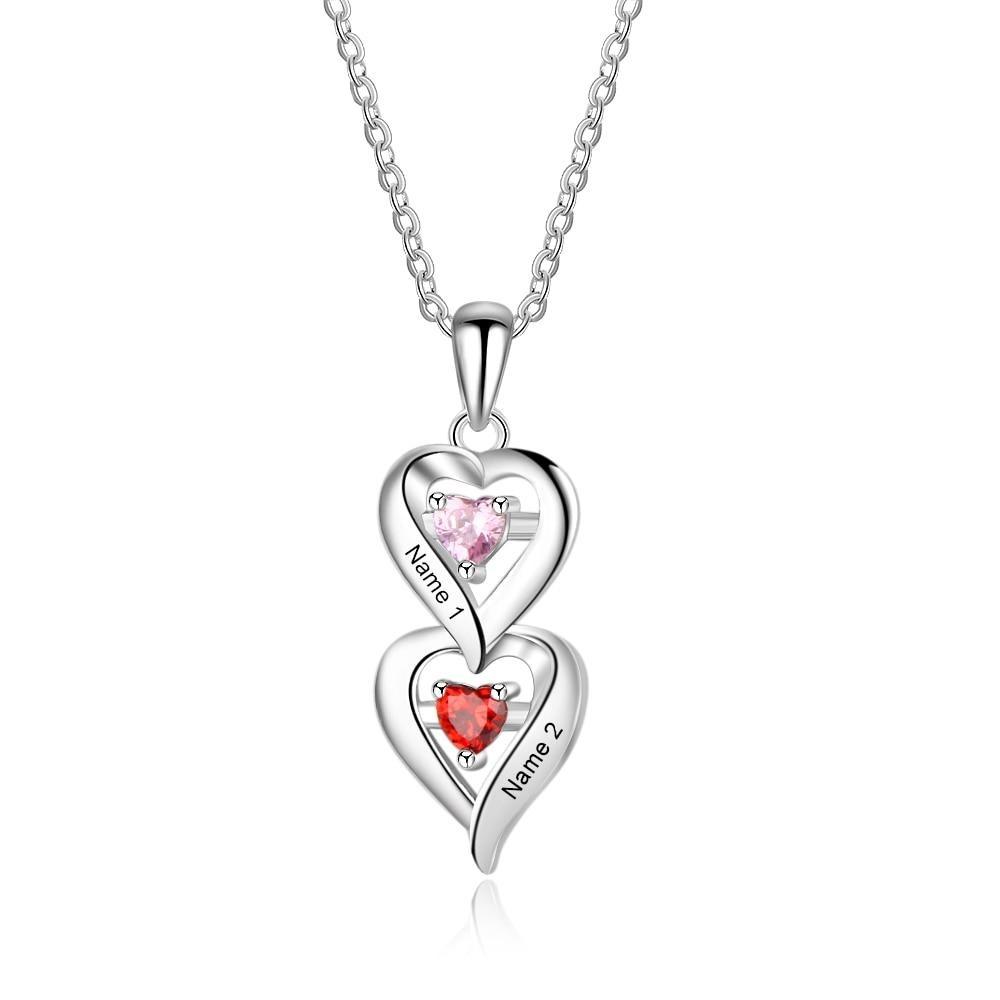 Personalized Hearts 925 Sterling Silver Womens Necklace - 2 Birthstones + 2 Engravings