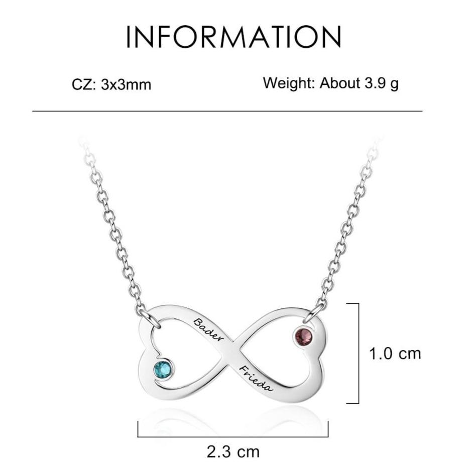 Personalized Infinity Hearts Womens Necklace - 2 Birthstones + 2 Engravings