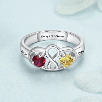 Personalized Infinity 925 Sterling Silver Ring - 2 Birthstones & 1 Engraving