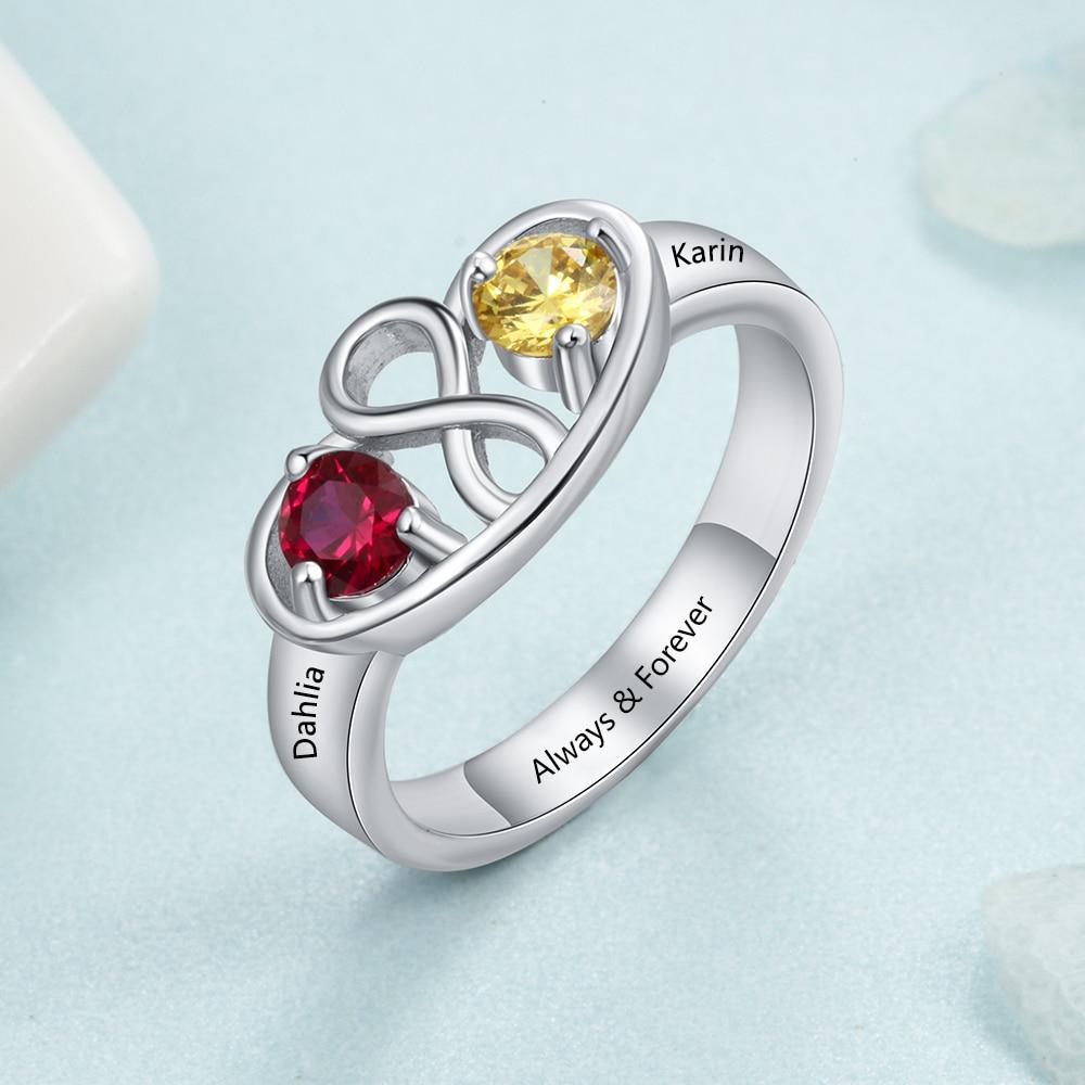 Personalized Infinity 925 Sterling Silver Ring - 2 Birthstones & 1 Engraving