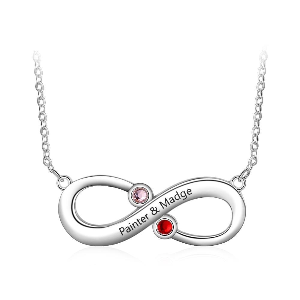 Personalized Infinity Silver Necklace - 1 engraving & 2 birthstones