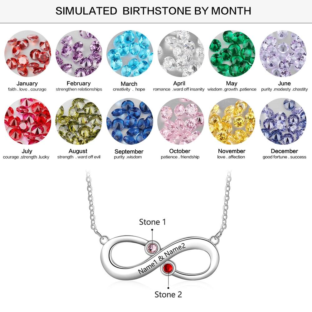 Personalized Infinity Silver Necklace - 1 engraving & 2 birthstones