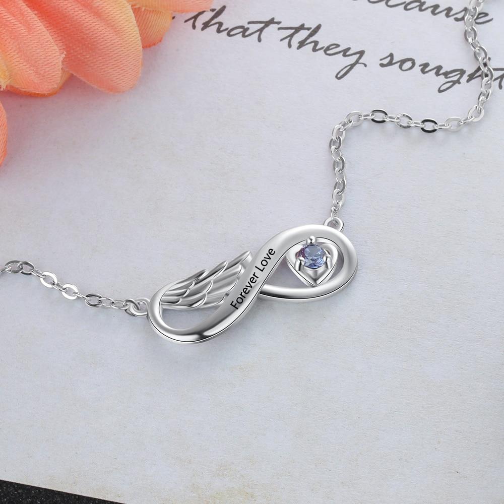 Personalized Infinity Wing Necklace - 1 Engraving & 1 Birthstone