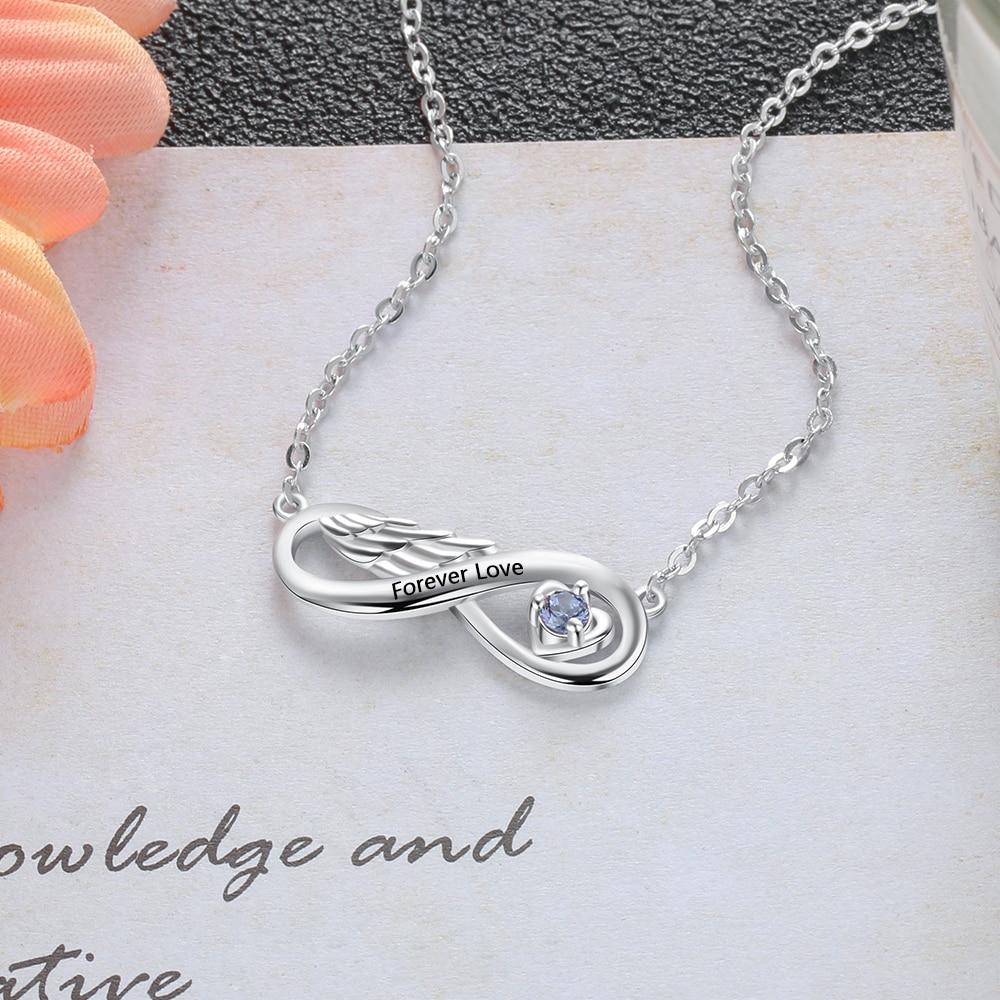 Personalized Infinity Wing Necklace - 1 Engraving & 1 Birthstone