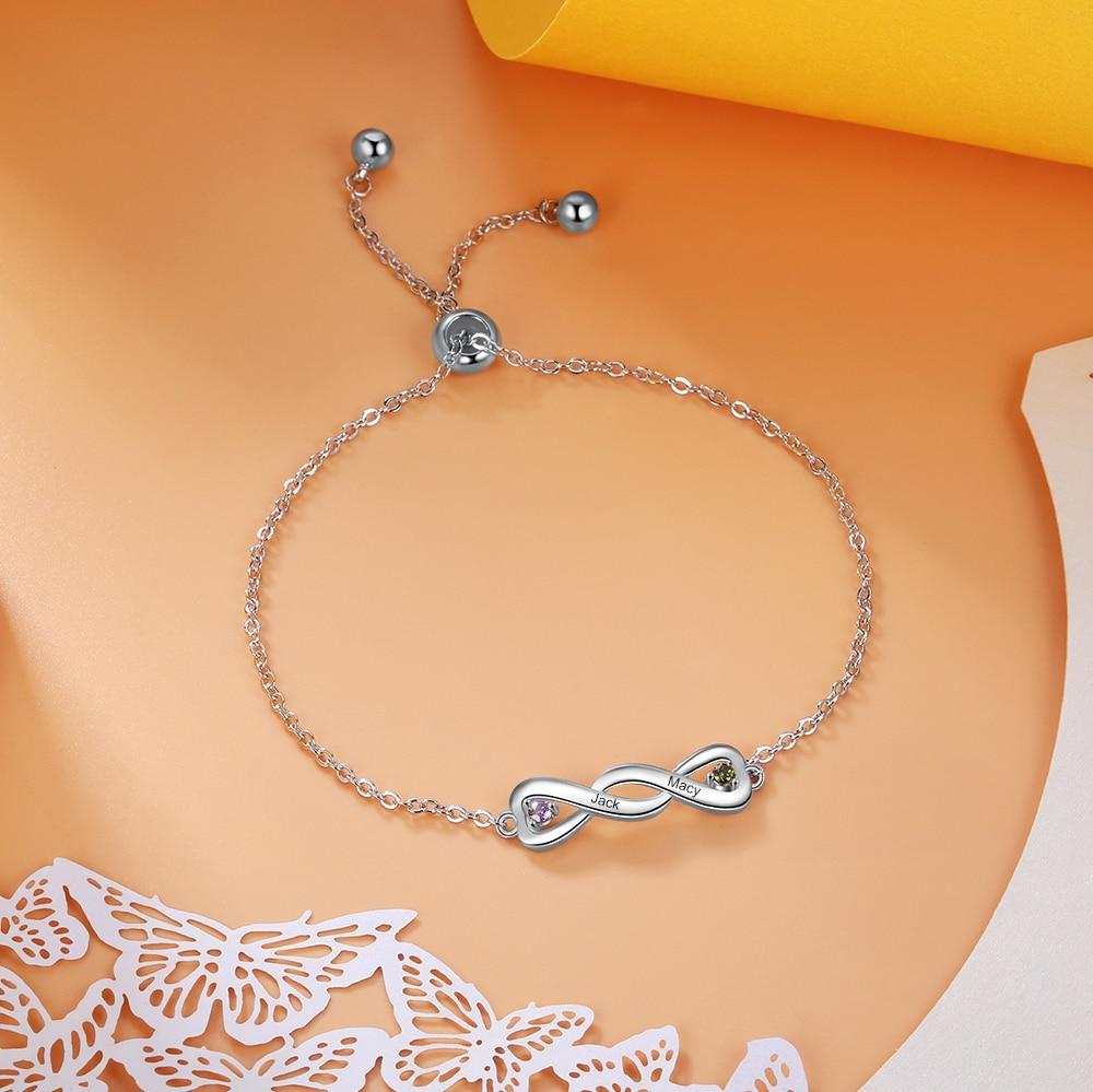 Personalized Infinity Womens Bracelet - 2 Engravings + 2 Birthstones