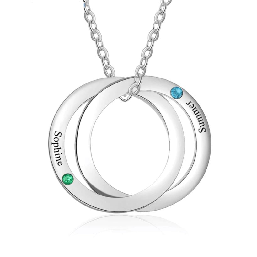 Personalized Intertwined Circle Necklace - 2 Birthstones + 2 Engravings