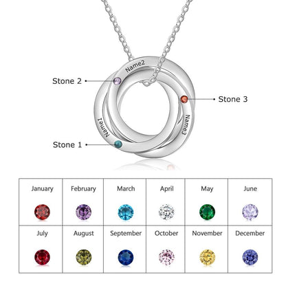 Personalized Intertwined Circle Necklace - 3 Birthstones + 3 Engravings