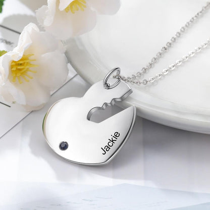 Personalized Key & Heart Necklace Set - 2 Engravings + 2 Birthstones (2 Colors)